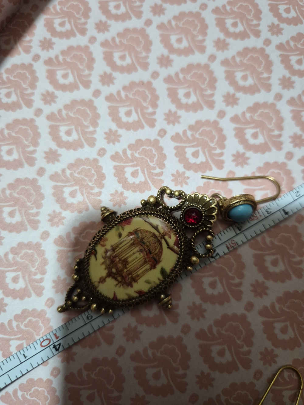 Antique-Style Yellow Cameo Drop Earrings with Red and Turquoise Accents - Picture 6 of 6